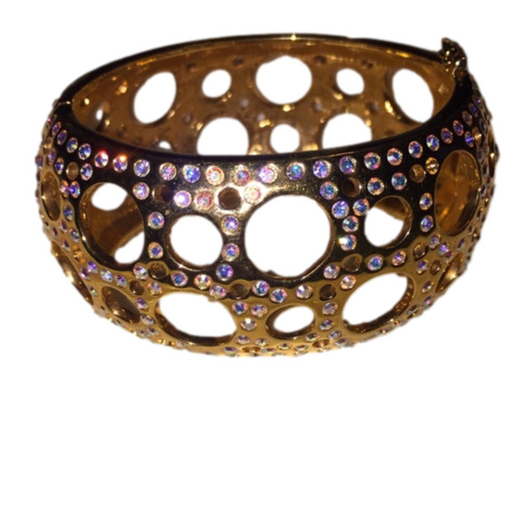 VTG Butler Pink Rhinestone & Gold Tone Wide Bangle Locking Clasp - Picture 1 of 6